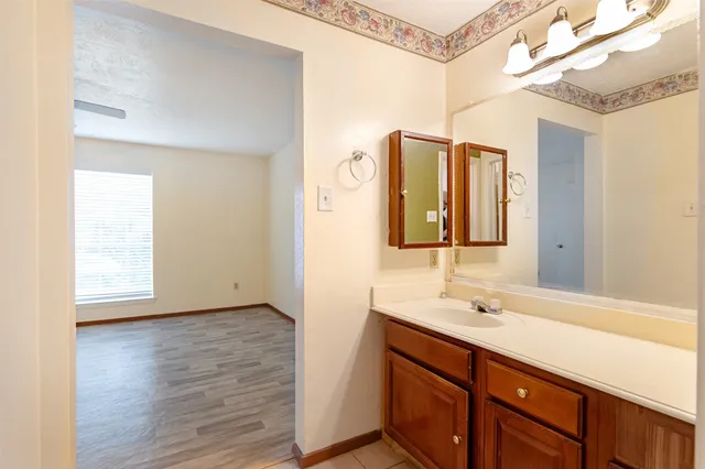 a bathroom with a sink vanity and a mirror