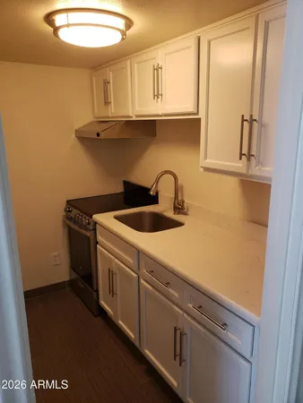 a kitchen with a sink and a refrigerator