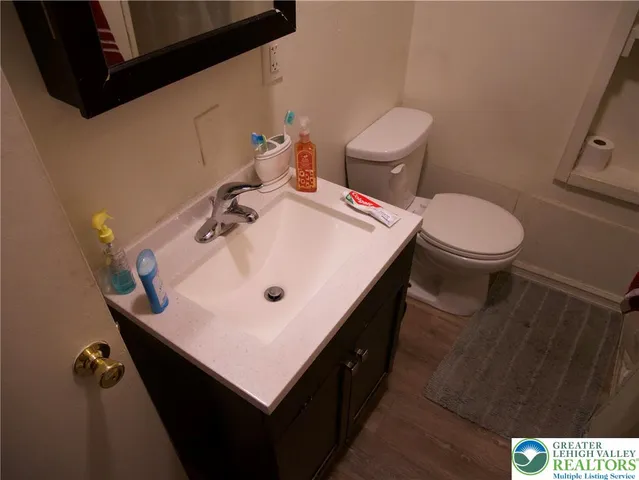 a bathroom with a sink a toilet and a mirror