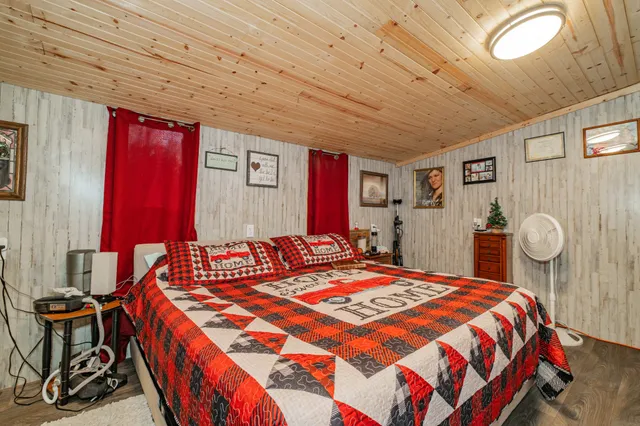 a view of a town with large trees