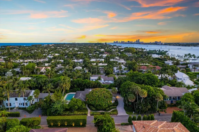 an aerial view of residential houses with outdoor space and trees
