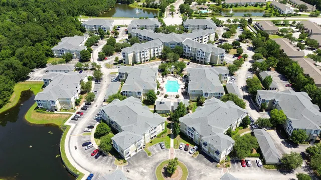 an aerial view of a swimming pool