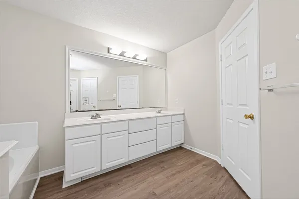 a bathroom with a double vanity sink and mirror