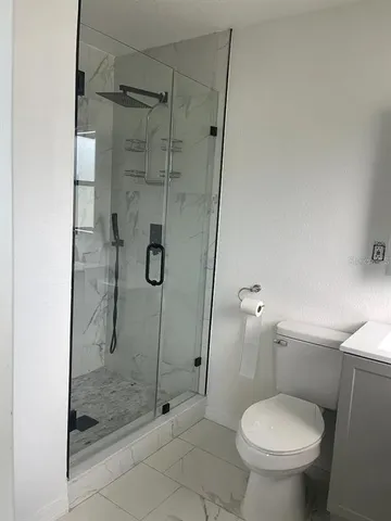 a bathroom with a shower and toilet
