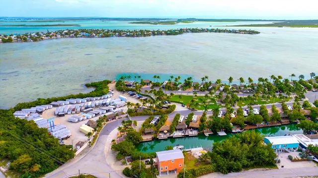 an aerial view of residential houses with outdoor space and ocean view