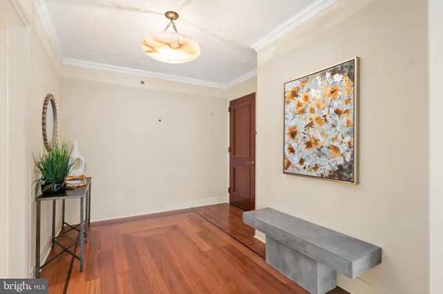 a view of a hallway with wooden floor and a potted plant