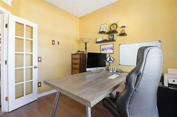 a view of a dining room with furniture
