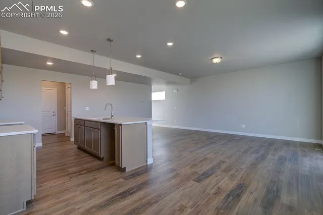 a view of kitchen with cabinets wooden floor and stainless steel appliances