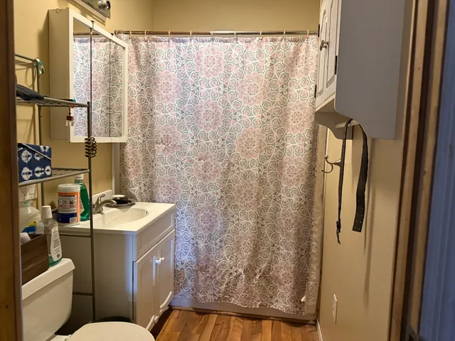 a bathroom with a sink toilet and shower
