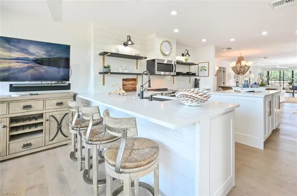 a view of a dining room with furniture