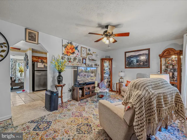 a living room with furniture a rug and white walls