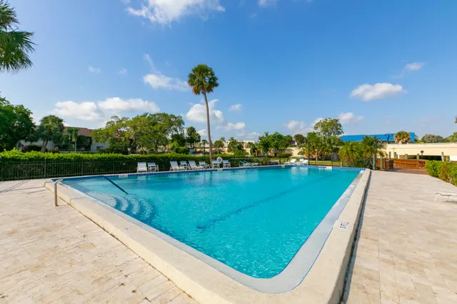 a view of a swimming pool with a yard and potted plants