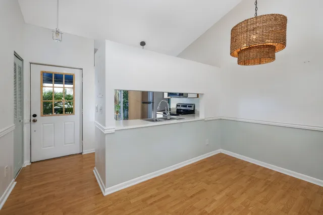 an empty room with a workspace