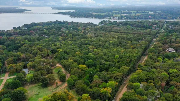 an aerial view of houses covered in trees