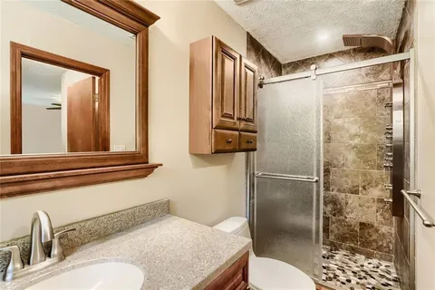 a bathroom with a granite countertop sink toilet and shower