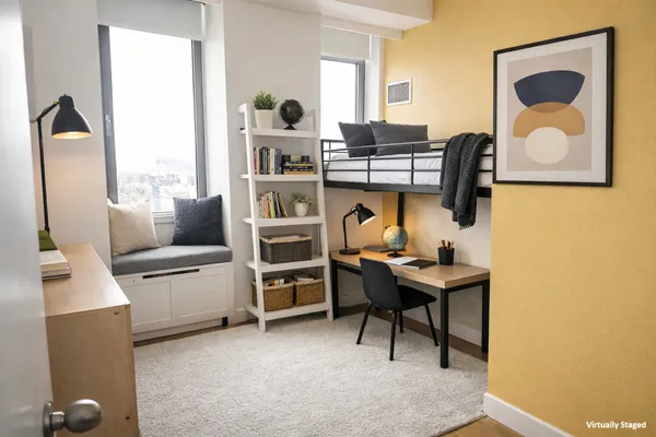 a bedroom with a bed a large window and flat screen tv