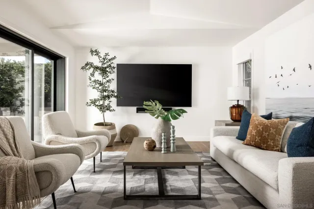 a living room with furniture and a potted plant