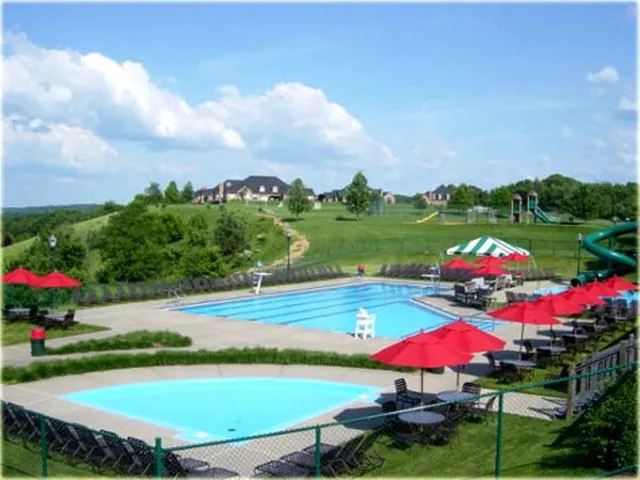 a view of a swimming pool with lawn chairs under an umbrella