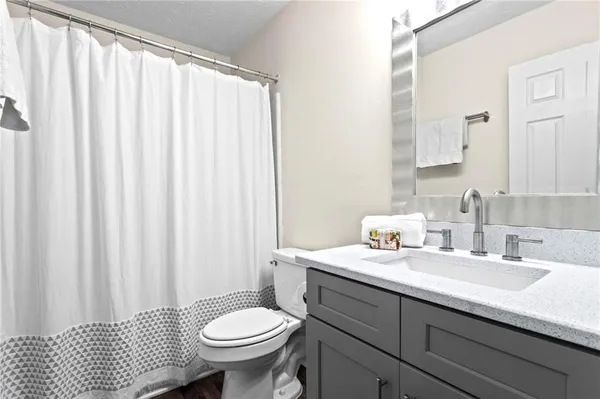 a bathroom with a sink a toilet and shower curtain