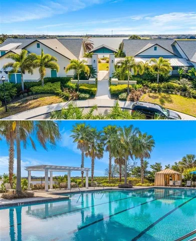 an aerial view of a building with swimming pool