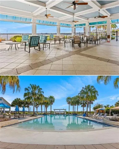 a view of a patio with table and chairs potted plants