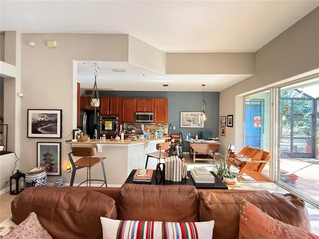 a view of a building with sitting area