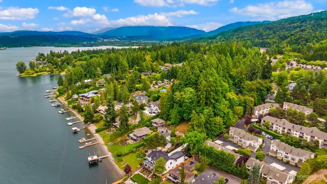 a view of a lake with a building in the background