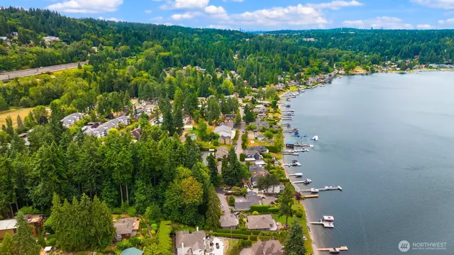 a view of a lake with a city