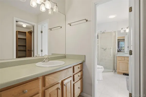 a bathroom with a granite countertop sink a toilet and shower