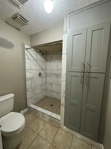 a bathroom with a shower and toilet