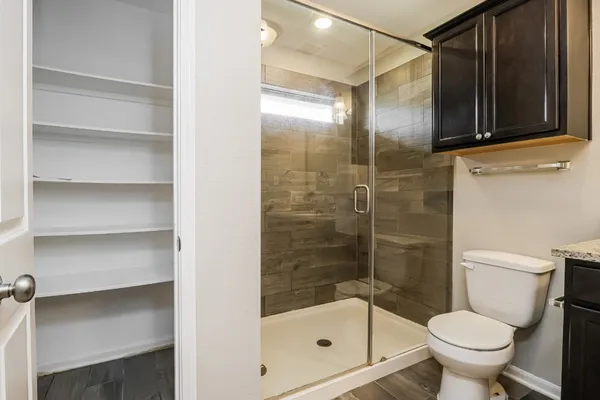a bathroom with a shower and a toilet