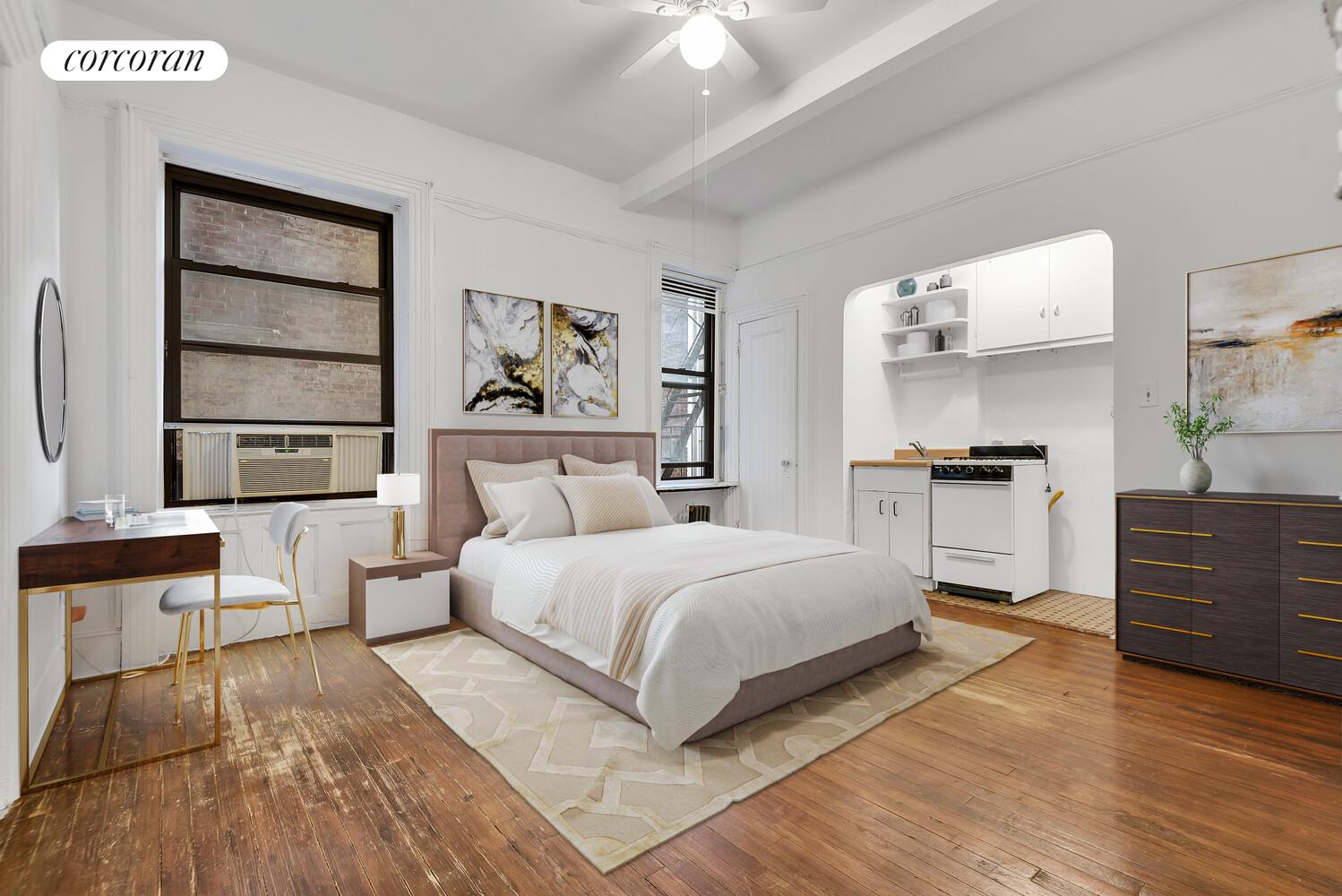 a bedroom with a large bed and a window