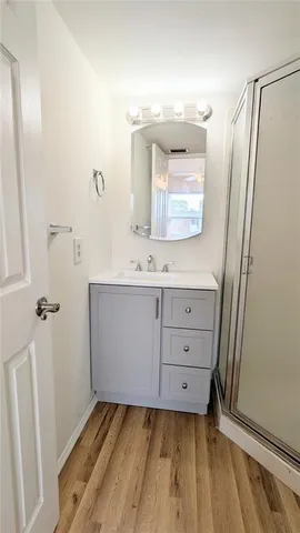 a bathroom with a sink a mirror and a shower