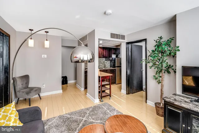 a living room with furniture a potted plant and a flat screen tv