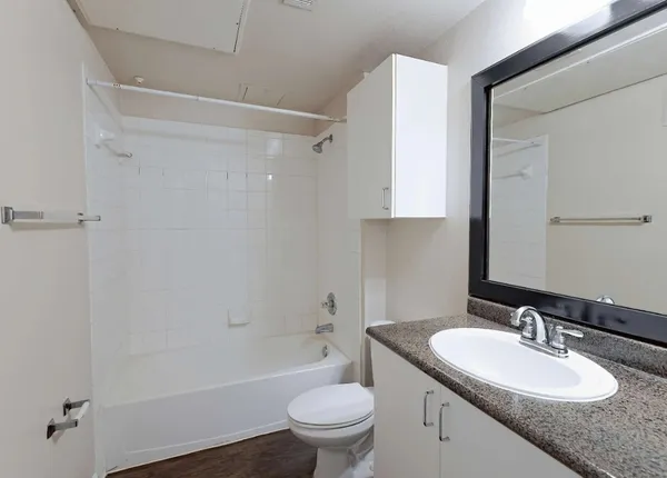 a bathroom with a granite countertop sink a toilet and a bathtub