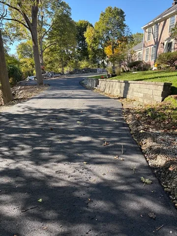 a view of a yard with large trees