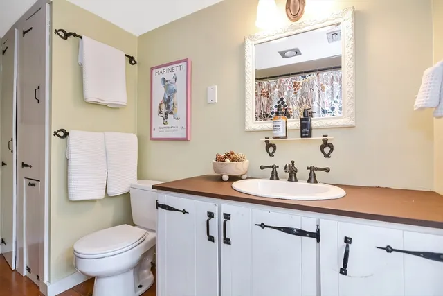 a bathroom with a toilet sink and mirror