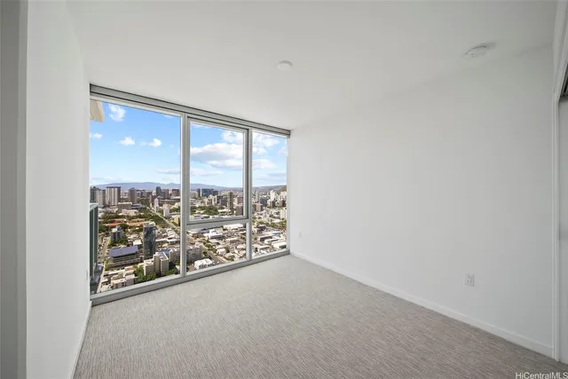 an empty room with a large window