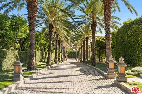 a view of swimming pool with a couches and palm trees