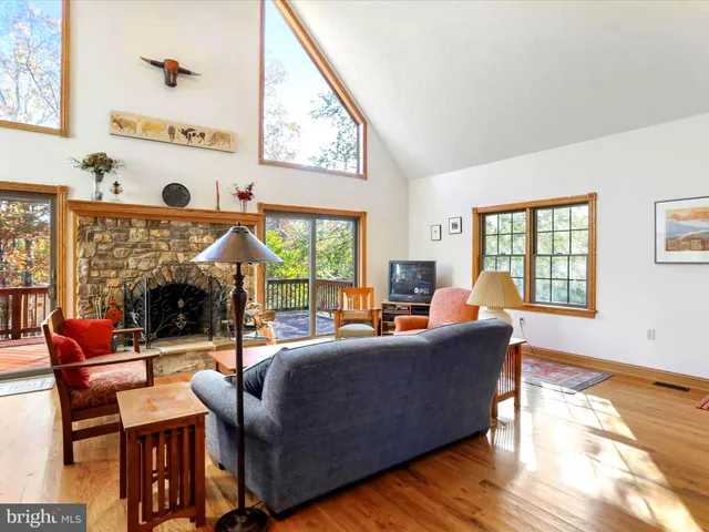 a living room with furniture a fireplace and a floor to ceiling window