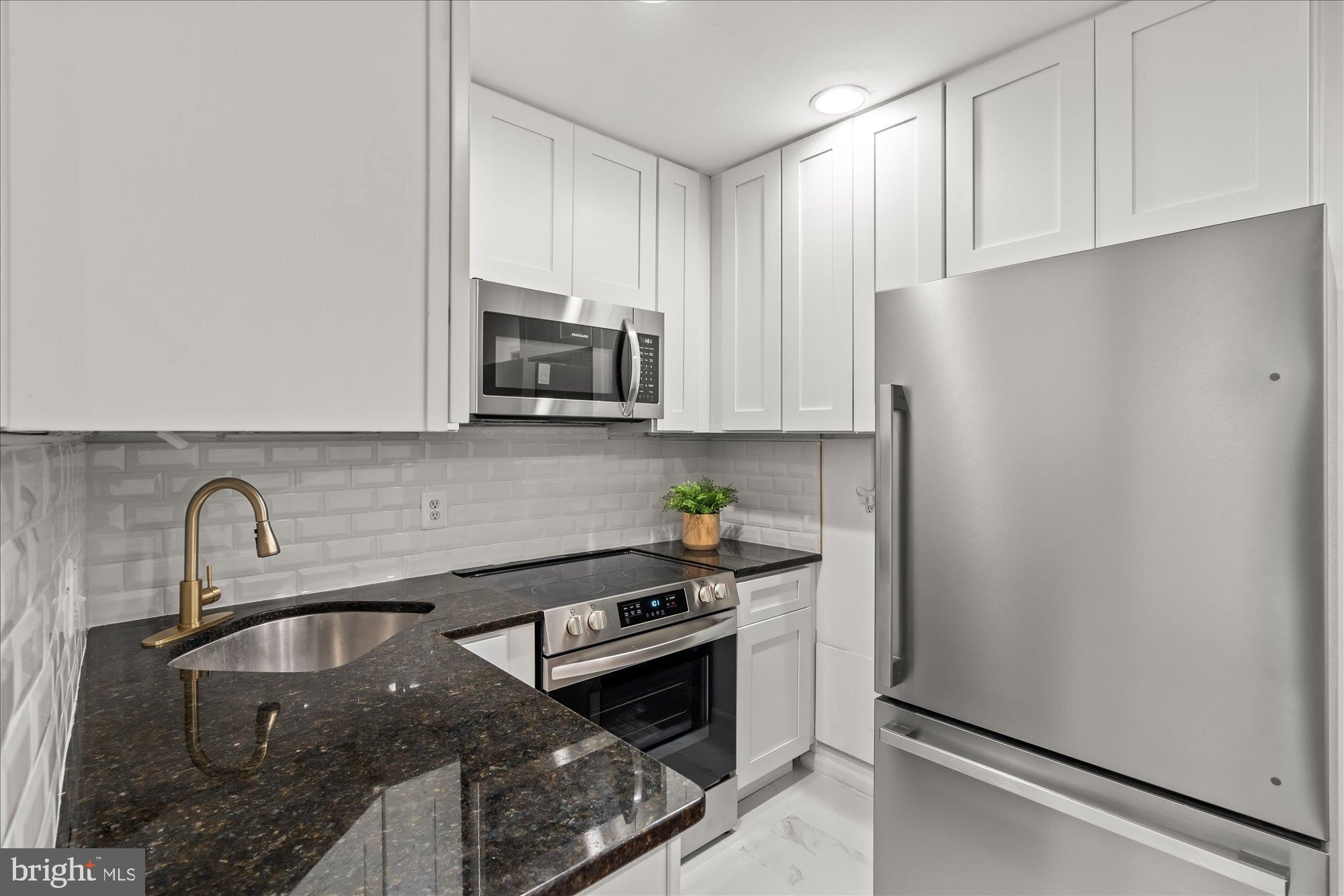 1241 18th Street Northeast, Unit 3 Washington, DC 20002 - Photo 10 of 20 a kitchen with stainless steel appliances granite countertop a refrigerator a sink a stove and white cabinets