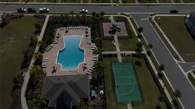 an aerial view of a residential houses with outdoor space