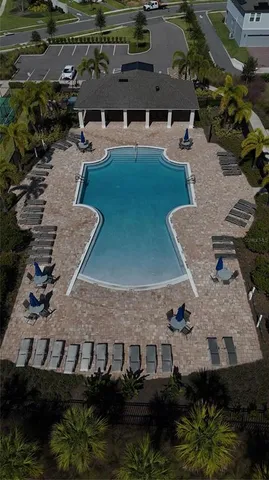 an aerial view of a backyard