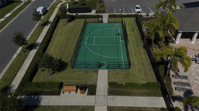an outdoor space with furniture