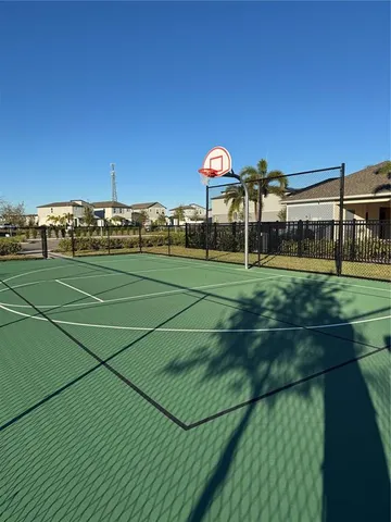 a view of a tennis ground with a large trees
