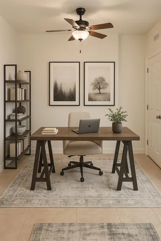 a view of an empty room with window and workspace