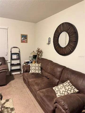 a living room with furniture and a mirror