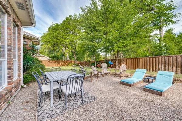 a view of backyard with seating area and green space