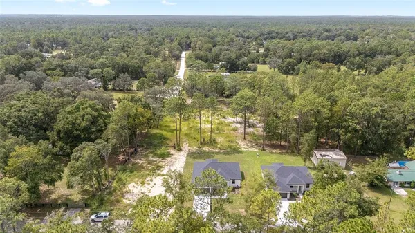 an aerial view of residential houses with outdoor space and trees