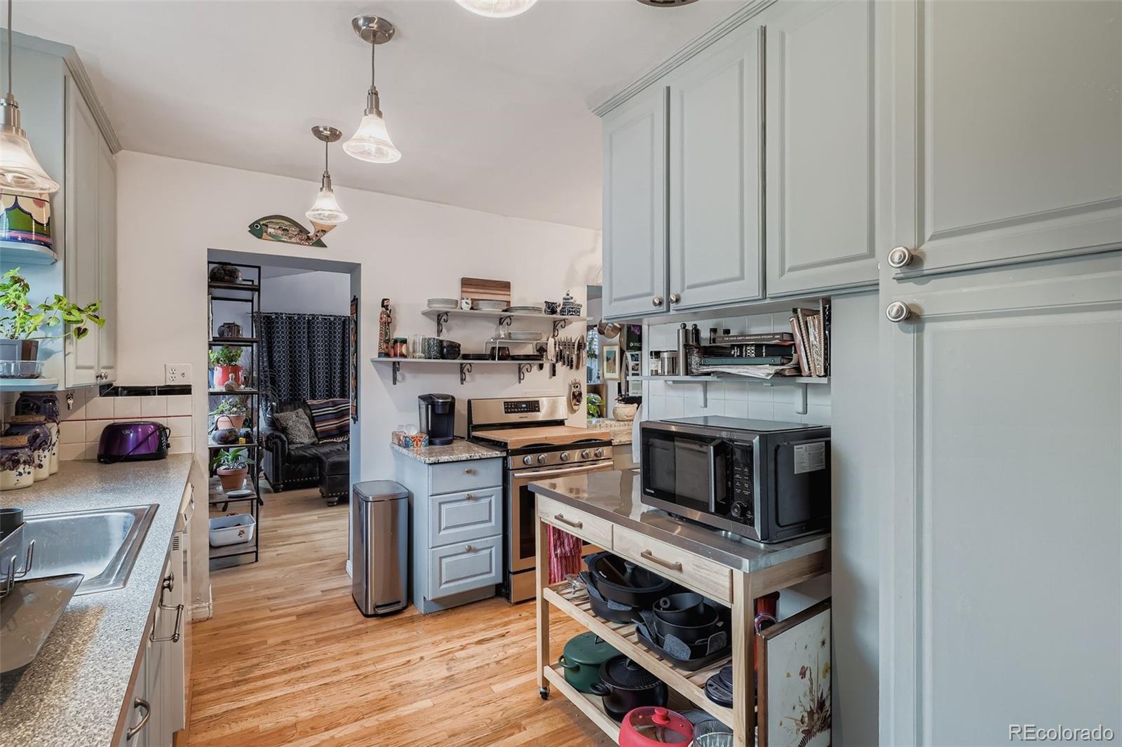 2520 North Locust Street Denver, CO 80207 - Photo 12 of 39 a kitchen with stainless steel appliances granite countertop a stove and cabinets